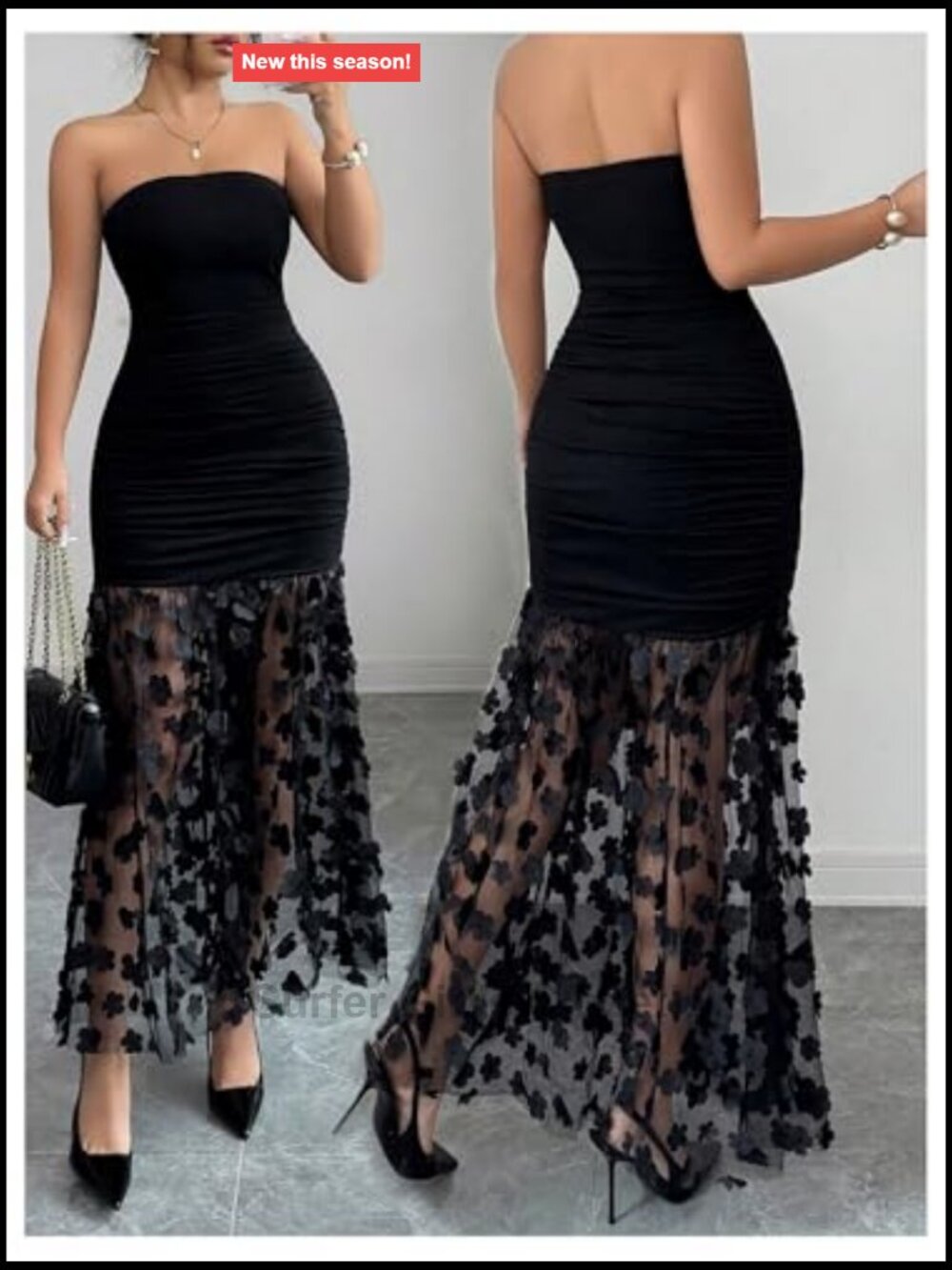 Strapless Maxi Dress 3D Flower Mesh Ruched Bodycon - Picture 5 of 5